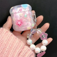 Korean Cute 3D Pink Star Wavy Border Headphones Case For AirPods 1 2 3 With Love Heart Bead Pendant Soft Cover For AirPods Pro 2