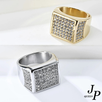 【Jpqueen】方晶滿鑽華麗中性嘻哈鈦鋼戒指(2色戒圍可選)