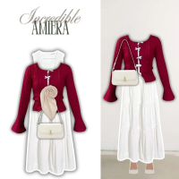 [AMIERA] One Set Coquette Panjang | Inner Dress, Blouse, Hijab, Tas Selempang | Setelan OOTD Kekinia