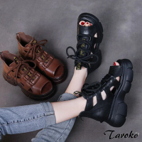 【Taroko】復古鏤空全真牛皮魚嘴綁帶厚底涼鞋(2色可選)