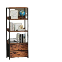59" Tall Bookcase Storage Shelf 4-Tier, Industrial Bookshelf Rack with 3 Fabric Storage Drawers, Wood Top for Photos B