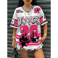 เสื้อยืดขนาดใหญ่ผู้หญิงVคอแขนสั้นฤดูร้อนPatchwork New York 28 พิมพ์สบายๆTeesกีฬาฟุตบอลJersey Y2k Top