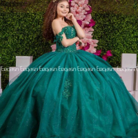 Green Tulle Sweet 16 Quinceanera Dress Crystal Applique Beaded Sweetheart Pageant Dress Mexican Girl Birthday Gown