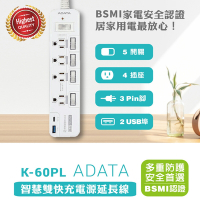 【ADATA威剛】1.8米 5開4插3P快充USB 延長線 K-60PL