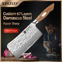 XINZUO 7'' In Bone Chopper Knife Damascus Steel Knives Handmade by Artisans For Chopping Bone Fish Durable Sharp Kitchen Knife