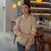 GONEGANI OFFICIAL - Sweater Wanita Berkerah Bahan Knit Polo Cable Sweater Maroon