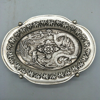 古玩雜項收藏白銅鍍銀龍鳳盤子復古獅子頭龍鳳呈祥盤子仿銀擺件