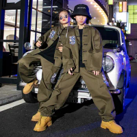 Kids Showing Vintage Hip Hop Clothing Army Green Shirt Top Casual Cargo Jogger Pants For Girl Boy Jazz Dance Costume Clothes Set