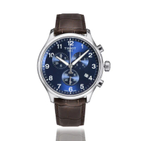 【TISSOT 天梭】Chrono XL三眼計時 銀框 藍面 深咖啡色皮革錶帶 手錶 男錶 情人節(T116.617.16.047.00)