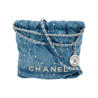 【CHANEL 香奈兒】22 mini 銀Logo縫線牛仔布珍珠斜背包(AS3980-牛仔藍)