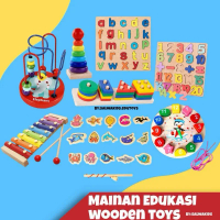 Mainan Edukasi Sensori Montessori Kayu Mini Round Beads Jam Puzzle Balok Bentuk Xylophone Geometry T
