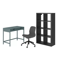 ALEX/LÅNGFJÄLL/KALLAX 書桌附收納組合, 和旋轉椅子 深土耳其藍/黑色