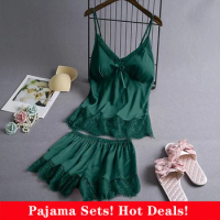 2022 New Fashion Sexy Pajama Set Women's 2 Pieces Sleepwear Pyjamas Silk Satin Cami Top and Shorts Pajamas for Women Hot Deals