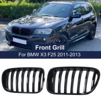 2PCS Front Kidney Grille Grill 1 Slat Gloss Black Front Hood Grills For BMW X3 F25 2010 2011 2012 2013 Replacement Car Styling