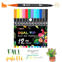 FineLiner Dual Tip Brush 12 PCS Double Head Colored Art Pens with Soft Brush and Fineliner Markers for Gift Card Writing Drawin