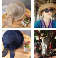 Fashion Foldable With Ribbon Travel UV Protection Visor Beach Outing Sun Hat Straw Hat Summer Hat