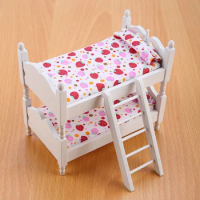 1:12 Dollhouse Bunk Bed Wooden Miniature Bedroom Double Bed Mini Furniture Model Bunk Bed Toys for Dollhouse Accessories