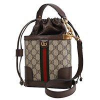 GUCCI Ophidia GG 金屬雙G LOGO三角造型兩用水桶包(咖)
