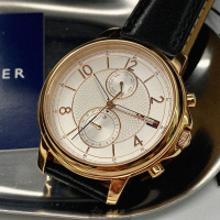 【Tommy Hilfiger】湯米希爾費格男女通用錶型號TH00027(白色錶面玫瑰金錶殼深黑色真皮皮革錶帶款)