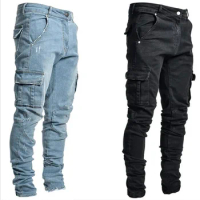 Celana Jeans Pria Jeans Pria Celana Panjang Kasual Fashion Ukuran Besar Jeans Kargo Pinggang Menengah Denim Saku Multi Warna Sol