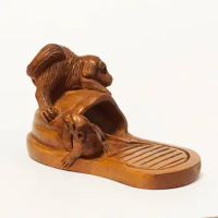 Z113 - 2" Hand Carved Japanese Boxwood Netsuke Animal Figurine Dog and Mouse on Shoe Sculpture Small Ornaments