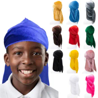 Long Tail Velvet Pirate Hat Bandana Durag Pre-Tied Baby Turban Hijab Hood Hip Hop Elastic Headwrap Kids