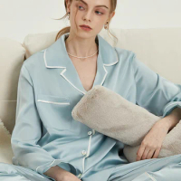 100% Silk Pajama Sets For Women Simple French Style Light Blue Loungewear Ins Popular Luxury Home Sleepwear Leisure Clothing