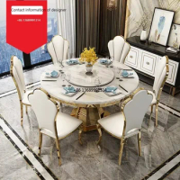 Luxury marble dining table and chair combination Modern simple round with turntable small family