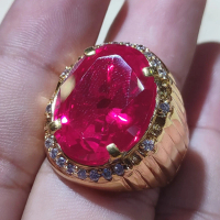 Cincin Alpaka Gold Mewah Batu Akik Merah Siam Rose Cutting Oval