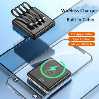 Wireless Power Bank 20000mAh Portable External Battery for iPhone 13 Samsung Xiaomi Powerbank Built in Cable Qi Wireless Charger