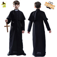 Boy's Priest Robe Costume Halloween Cosplay Career Priest Black Robe Role Play Kids Costumes Fancy Dress