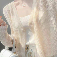 Youthful V-neck lace thin knit cardigan, slimming Korean style solid color elegant small cardigan, s