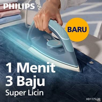 Baru! Philips Setrika Kering HD1175/20 - Biru - 3 Baju 1 menit, nyetrika super licin di semua bahan,