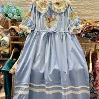 Blue Dress Cotto Summer Short-Sleeved Lace Embroidery Loose Dress