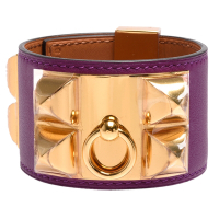 HERMES collier de chien金屬鉚釘山羊皮寬版手環(S-紫X金)