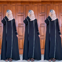 Abaya Hameeda | Abaya Remaja Dewasa | Abaya Lis Putih | Gamis Muslim Wanita Crinkle Airflow Hitam