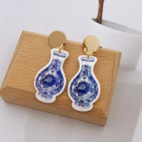 Vintage Chinese-style Acrylic Vase Earrings with Blue and White Porcelain Print