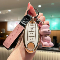 4 Button Car Key Case Cover For Nissan Qashqai J10 J11 X-Trail t32 t31 Kicks Tiida Pathfinder Murano Accessories With Pink Bear