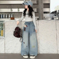 Quần Jeans Ống Suông Thêu Mèo Kiti Cho Bé Gái Size 20-48Kg Chất Vải Mềm Phong Cách Thời Trang Dành C