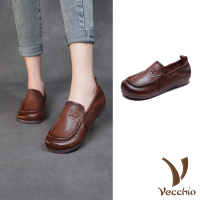 【Vecchio】真皮樂福鞋 方頭樂福鞋/全真皮頭層牛皮手工立體縫線舒適寬楦方頭樂福鞋(棕)