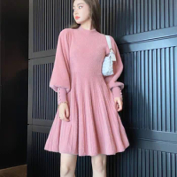 Autumn Winter Chic Sweater Dress 2024 Korean Fashion Cute Vintage Clothes Downy Soft Warm Vestidos Mujer Casual Pearl Sleeve