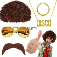 Disco Hippie Costume Hippy Fancy Dress Accessories, 60s 70s 80s Afro Hippy Wig/ Hippie Funky Sunglasses Necklace Mustache Stick