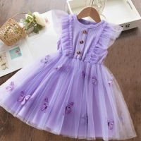 2024 New Butterfly Mesh Flying Sleeves Dress 1-5Yrs Baby Girl Holiday Dresses Cute Girls Summer Dress Children Party Casual Wear
