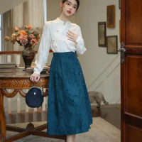 Women Lady Cheongsam Shirt Skirt Suit Chinese Style Retro Two Piece Han Fu Tang Dynasty