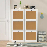 Rattan Shoe Cabinet, Entryway Cabinet Wooden Shoe Rack w/ 3 Flip Drawers, 3-Tier Storage Cabinet for Entryway Hallway,White