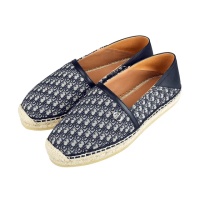 【Dior 迪奧】DIOR PARADISE 金屬LOGO字母印花設計帆布草編漁夫鞋(藍x米)