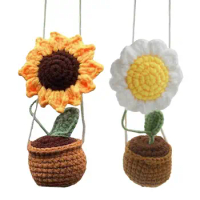 Rear Mirror Flower Plant Pendant Hanger Sunflower Pot Handmade Crochet Cute Potted Ornament auto decoration interior accessories