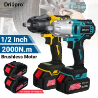 Drillpro 2000N.M Brushless Electric Impact Wrench 1/2" Cordless Wrench Rechargeable Battery Power To