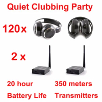 Silent Disco System Black Folding Wireless Headphones- Quiet Clubbing Party Bundle (120 Headphones + 2 Transmitters)