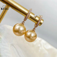KUGG PEARL 18k White/Yellow Gold Earrings 10-11mm Natural Tahiti/Gold Pearl Hoop Earrings for Women Shiny Diamond Jewelry